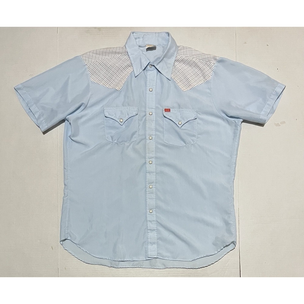 Vintage ELY Wagon Boss Western Shirt Large Blue Pearl Snap Plaid Yoke USA